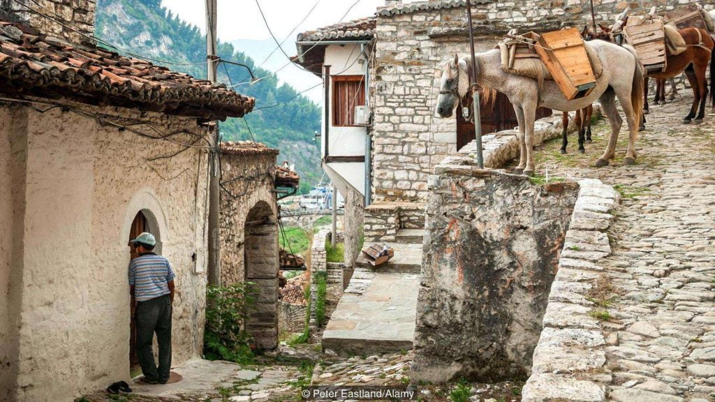In the Mangalemi district of Berat with its ottoman period houses, central Albania.
