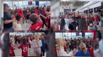 Ndizet atmosfera në aeroportin “Nënë Tereza”, tifozë dhe turistë ja marrë valles nën ngjyrat kuq e zi
