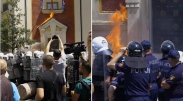 Molotovë e fishekzjarre në drejtim të Bashkisë së Tiranës, digjen edhe gomat