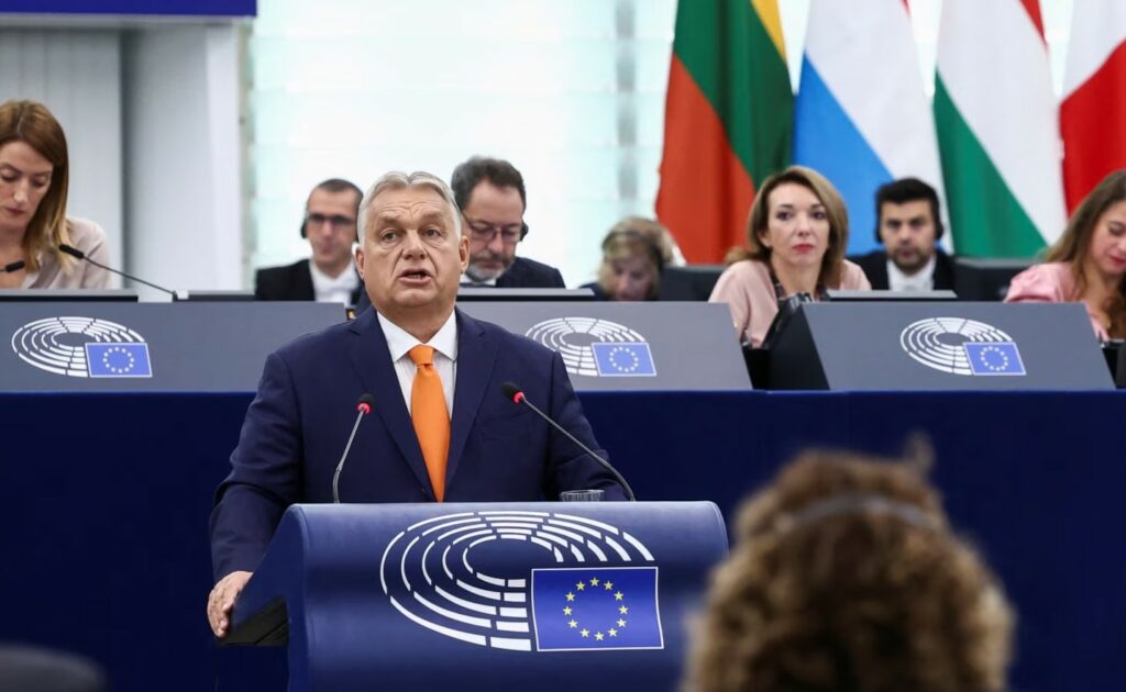 Kryeministri i Hungarisë, Viktor Orban, mban fjalim para Parlamentit Evropian, në Strazburg të Francës, më 9 tetor 2024